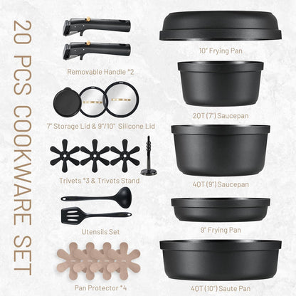 20-Piece Nonstick Cookware Set - Dishwasher, Oven & Fridge Safe Pots and Pans with Removable Handles, Induction Compatible, for Kitchen & RV, Black